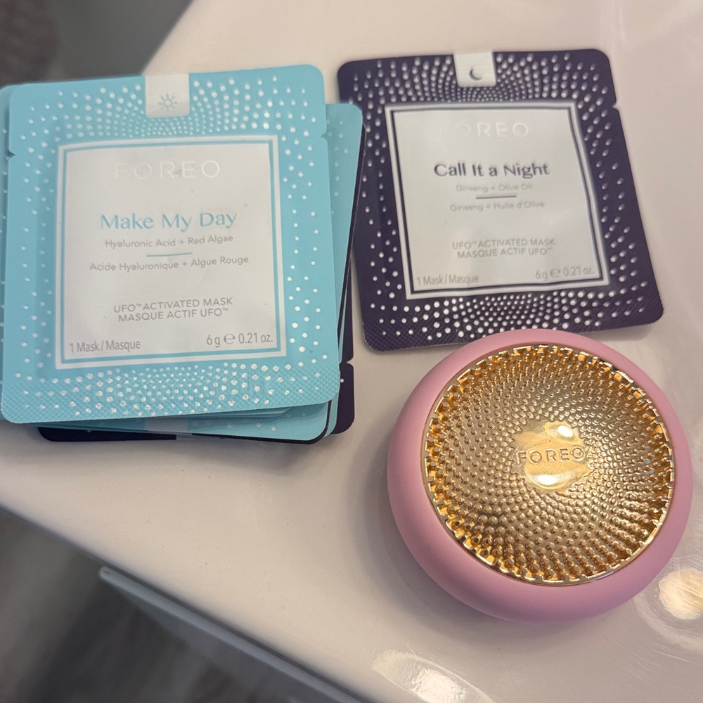FOREO Pink and Gold Skincare Device with Blue and Purple Masks